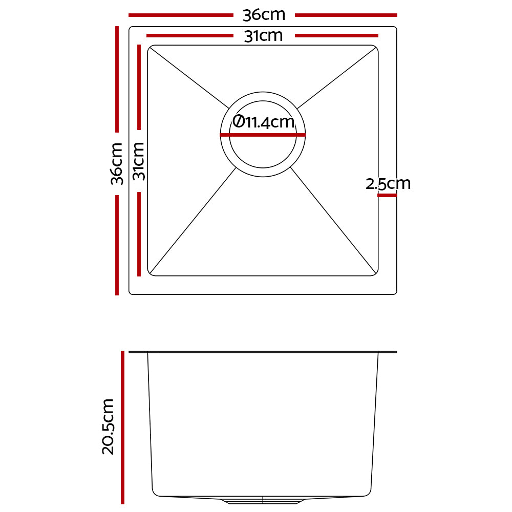 DS NA 36cm x 36cm Stainless Steel Kitchen Sink Under/Top/Flush Mount Silver