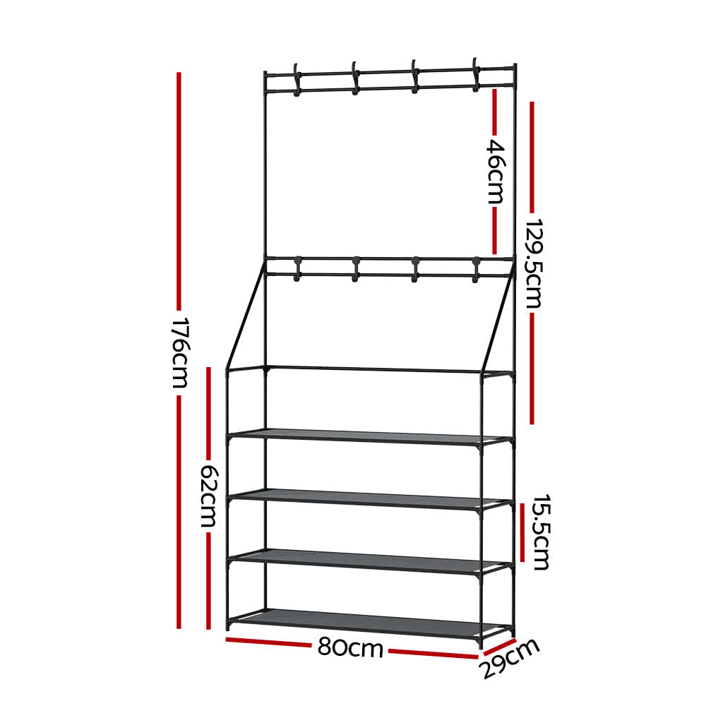 DS NA Shoe Rack Coat Hat Stand Hallway Shoes Storage Tree Metal Shelves Black