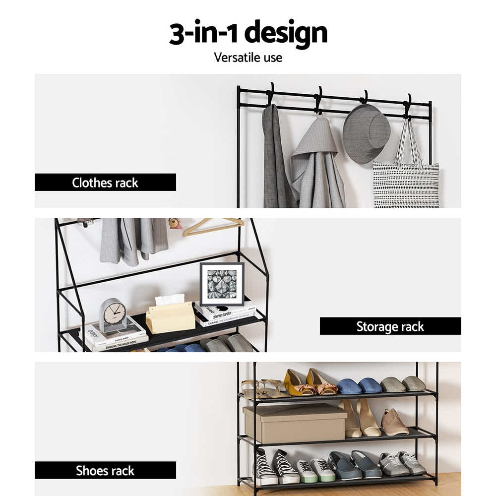 DS NA Shoe Rack Coat Hat Stand Hallway Shoes Storage Tree Metal Shelves Black