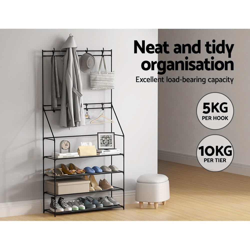 DS NA Shoe Rack Coat Hat Stand Hallway Shoes Storage Tree Metal Shelves Black