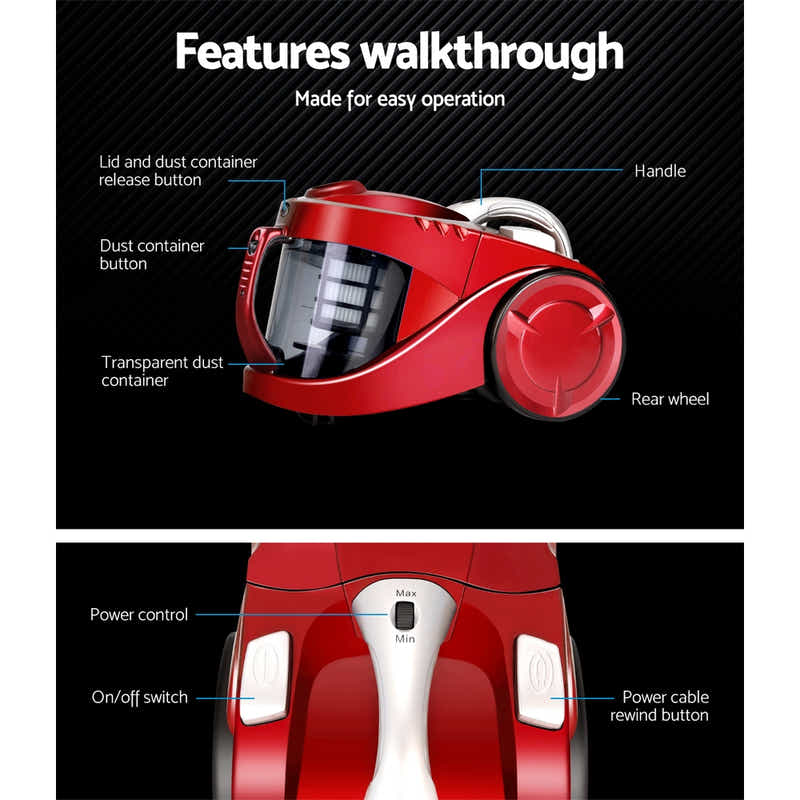 DS NA Devanti Bagless Vacuum Cleaner  Vac HEPA Filter Car Home Office 2200W Red